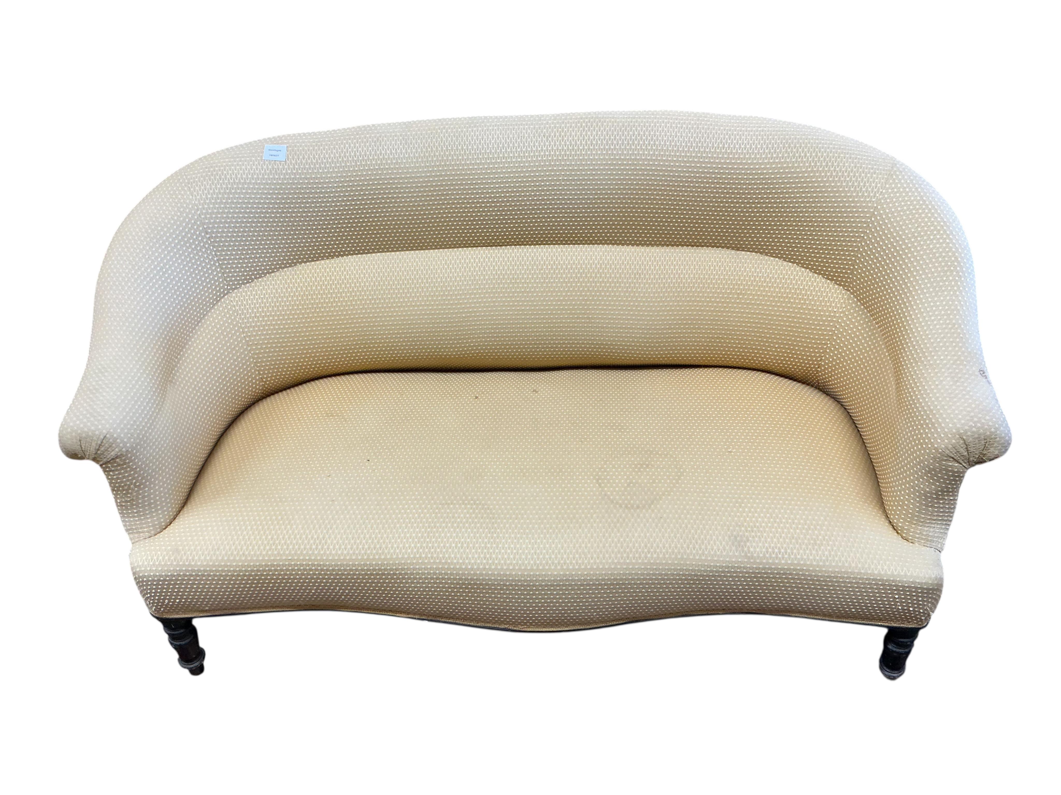 A late Victorian upholstered tub framed settee, width 150cm, depth 66cm, height 79cm